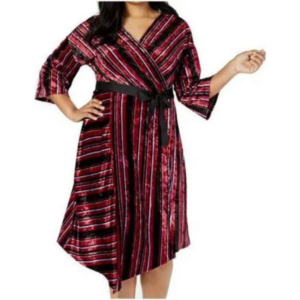 NY Collection Faux Wrap Velvet Asymmetrical Striped Dress Plus Size 1X Petite